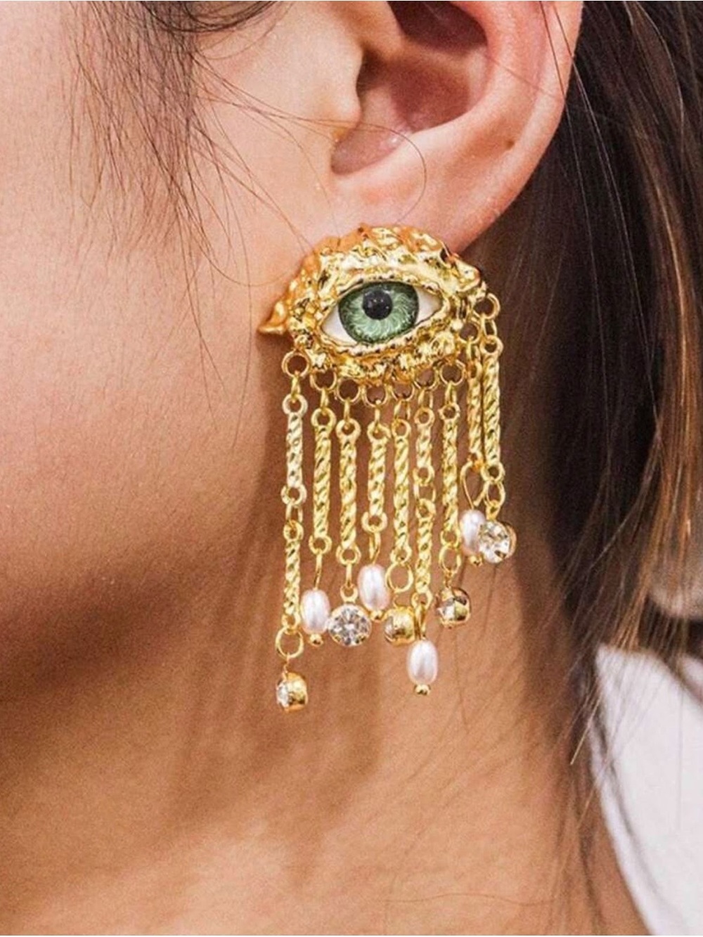 Gold Drop Earrings with Green Eye and Pearl Fringe
